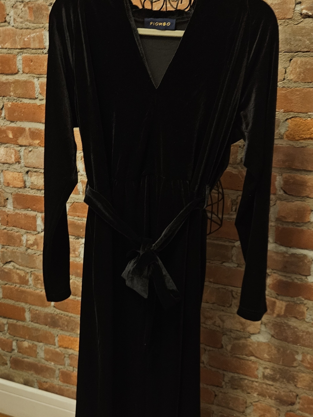 Piombo Thick Soft Black Velvet Midi Dress with Gathered  Tie Waist